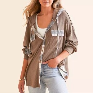 Buckle BKE Waffle Knit Patchwork Boyfriend Hooded Button Down size xs